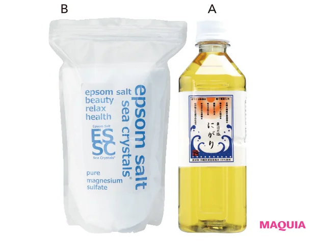 A 粟國のにがり 500ml ￥1620／沖縄海塩研究所　B 国産 エプソムソルト シークリスタル オリジナル 入浴剤 計量スプーン付 4kg ￥1790／ヒロセ