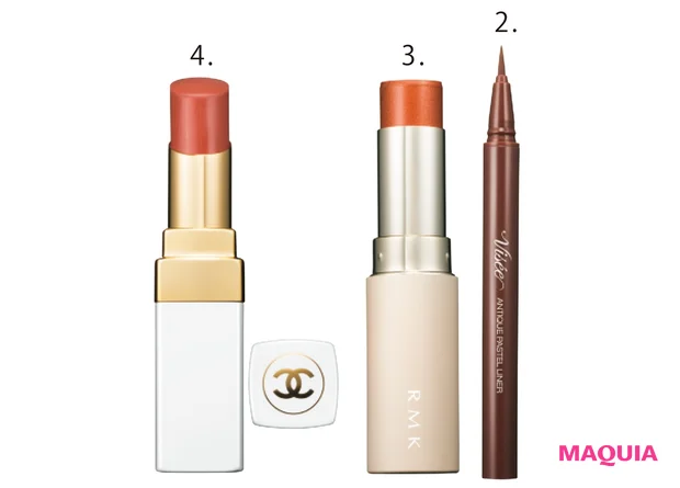 2ヴィセ リシェ アンティークパステル ライナー BR381 ¥1100(編集部調べ)/コーセー(2月16日発売) 3カラースティック 06 ¥3300/RMK Division 4ルージュ ココ ボーム 914 ¥4730/シャネル