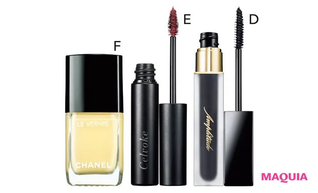 D エクストラロング カラーマスカラ 00 ¥4840/アンプリチュード E インディケイト アイブロウマスカラ C 03 ¥3080/セルヴォーク F ヴェルニ ロング トゥニュ 915 ¥3520/シャネル(限定色)