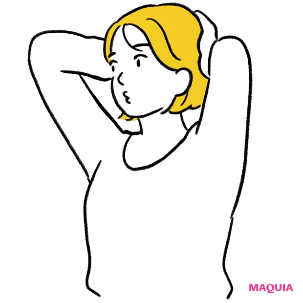 肩こり解消におすすめのエクササイズ　1 後頭部で両手を組む 2 組んだ両手と頭で押し合いっこをする