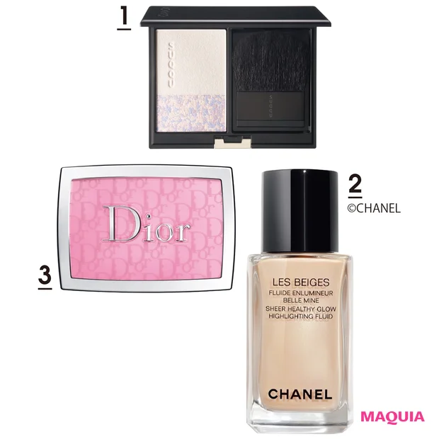 リタッチ プレスト パウダー 01 ¥6500/SUQQU、レ ベージュ フリュイド アンルミネール ベル ミン 30ml ¥6000/シャネル、ディオール バックステージ ロージー グロウ 001 ¥4700/パルファン・クリスチャン・ディオール