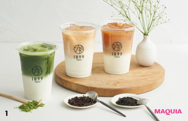 1右から和紅茶やほうじ茶、抹茶で作るラテ¥500〜。2シングルオリジンからブレンドまで、茶葉も豊かに揃う。