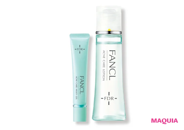 （右から）FDR アクネケア 化粧液[医薬部外品] 30㎖ ￥1650、同 ジェル乳液[医薬部外品] 18g ￥1650／ファンケル