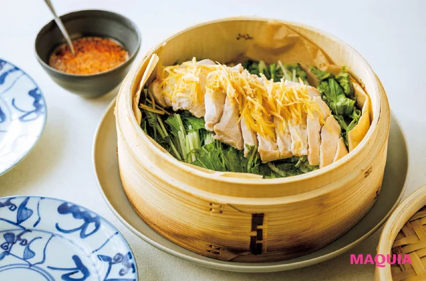 せいろ蒸し レシピ りよ子 水菜と蒸し鶏(ピリ辛中華だれ)