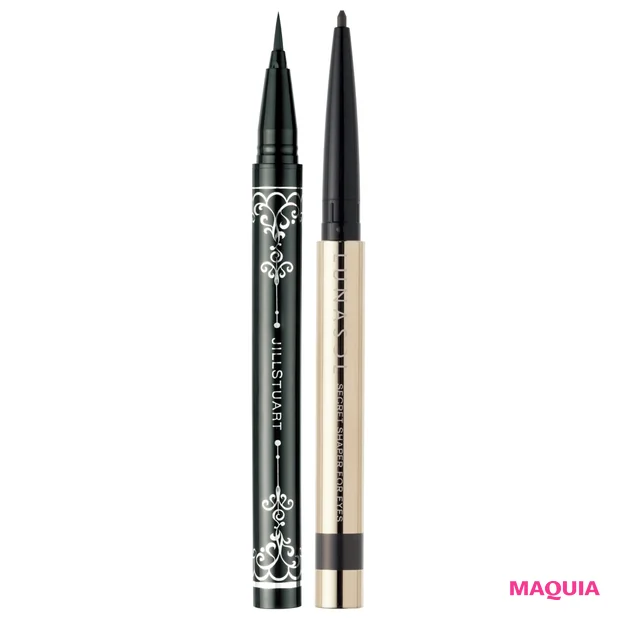 (右)ルナソル シークレット シェイパー フォーアイズ 05 ¥2800/カネボウ化粧品(8/7発売) (左)ジルスチュアート キトゥンアイズ ライナー 01 ¥2200/ジルスチュアート ビューティ
