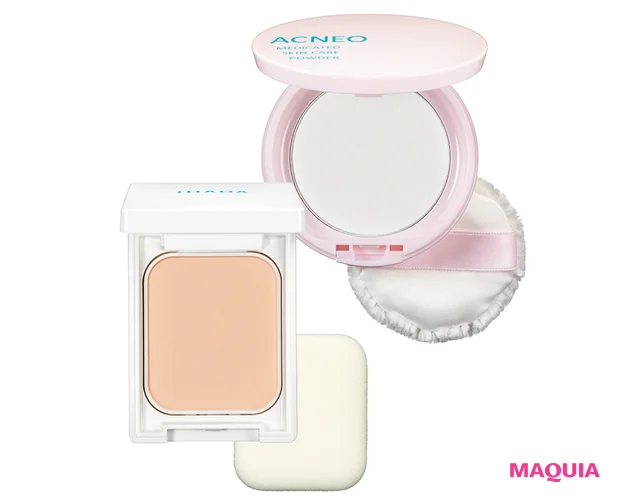 （右から）フォルミュール アクネオ 薬用 スキンケア パウダー （医薬部外品） 5g ￥3080／ドクターフィル コスメティクス、イハダ 薬用フェイスプロテクトパウダー（医薬部外品）SPF40・PA＋＋＋＋ 9g ￥1980（編集部調べ）／資生堂薬品
