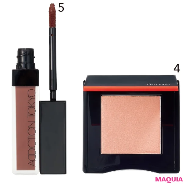 4インナーグロウ チークパウダー 05 ¥4000/SHISEIDO、5ザ マット リップ リキッド 013 ¥3200/アディクション ビューティ