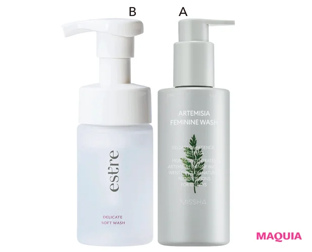 A ミシャ AM pHバランスフェミニンウォッシュ(R) 210ml ¥2420/ミシャジャパン B エストール デリケートソフトウォッシュ 100ml ¥2475/アドバンスト・メディカル・ケア