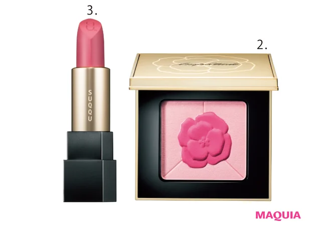 2コンスピキュアス チークス リミテッドコレクション a EX-02 ￥7700／アンプリチュード（限定品）　3シアー マット リップスティック 106 ￥4950（キャップ別売り￥550）／SUQQU（限定品）