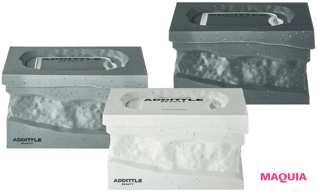 滝沢眞規子さんプロデュースブランド　（左）オーバーサイズドリセットシートボックス　（中）エーエムウェイクアップマスクボックス　（右）ピーエムプレップマスクボックス　