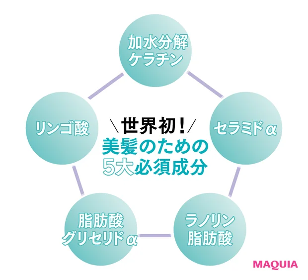 世界初! 美髪のための5大必須成分 加水分解ケラチン セラミドα ラノリン脂肪酸 脂肪酸グリセリドα リンゴ酸