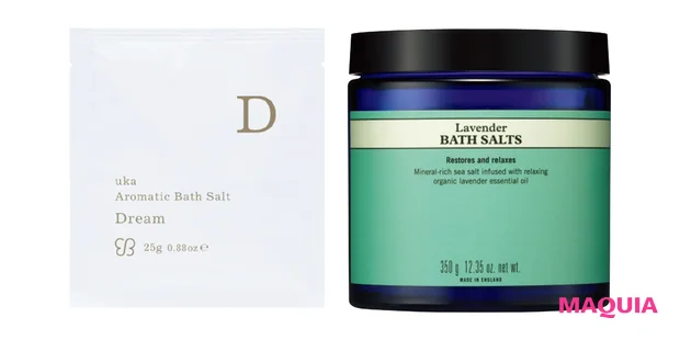 (右から)ラベンダーバスソルト 350g¥3850/ニールズヤード レメディーズ(6/23発売)、uka アロマティック バスソルト ドリーム 25g¥550/uka Tokyo head office