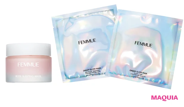 （右から）ドリームグロウマスク PF（ハリ･エイジングケア）、同 RR（透明感･キメ） 各30ml×6枚 各￥4840、ローズウォーター スリーピングマスク 50g ￥4620／アリエルトレーディング