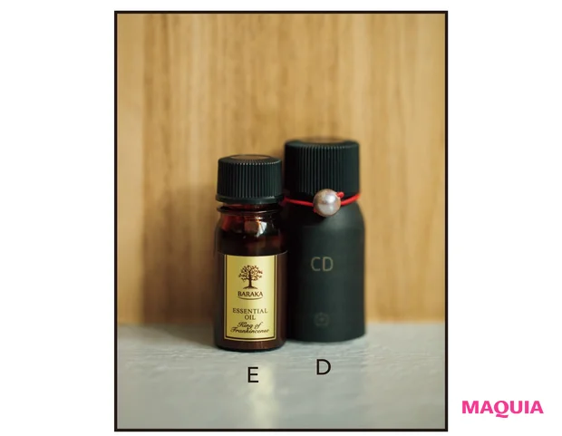 D アーバン アーユルヴェーダ　ビロード カウントダウン ファーストエディション 10ml ￥4950／AMATA（初回限定パッケージ）　E キング オブ フランキンセンス 5ml ￥6160／バラカ