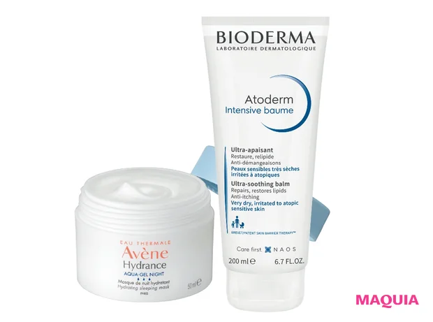 (右)ビオデルマ アトデルム インテンシブクリーム 200ml ¥3300/NAOS JAPAN (左)アベンヌ イドランス スリーピングマスク 50ml ¥3850(編集部調べ)/ピエール ファーブル ジャポン
