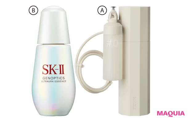 A MEGLY スターターキット（めぐり導入液 #0×1本・炭酸ガスカートリッジ×1本つき）￥30000／MTG　B ジェノプティクス ウルトオーラエッセンス（医薬部外品）50ml ￥31350(編集部調べ)／SK-II