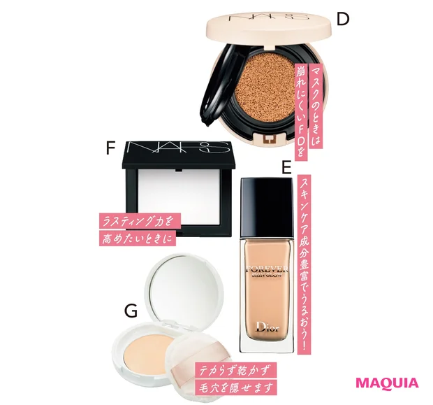 Dピュアラディアントプロテクション アクアティックグロー クッションファンデーション SPF50+･PA+++ 全6色 各￥6600（ケース込み）／NARS JAPAN　Eディオールスキン フォーエヴァー フルイド グロウ SPF20･PA+++ 30ml 全11色 各￥6820／パルファン・クリスチャン・ディオール（2月25日発売）　Fライトリフレクティングセッティングパウダー プレスト N 5894 ￥5500／NARS JAPAN　GポイントマジックPRO プレストパウダー C 00 SPF50+･PA++++ ￥1540／黒龍堂
