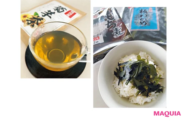 もち麦と板ワカメにはβ-グルカンが豊富。くずした板ワカメをふりかけたもち麦ごはんは、酪酸菌のごちそう。イヌリンたっぷりのキクイモは冬が旬で、生でも食べられサラダなどに。お茶でも手軽に摂れる。
