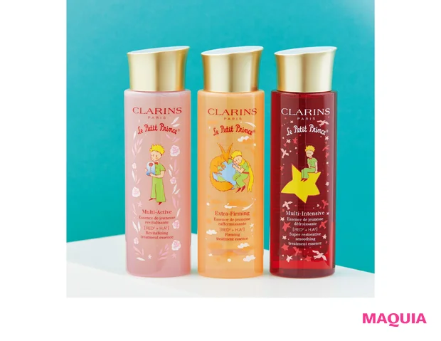 (右から)Mアクティヴ トリートメント エッセンス ローション L 200ml ¥6380、ファーミング EX トリートメント エッセンス ローション L 200ml ¥8250、スープラ トリートメント エッセンス ローション L 200ml ¥12100/クラランス(7/7限定発売)