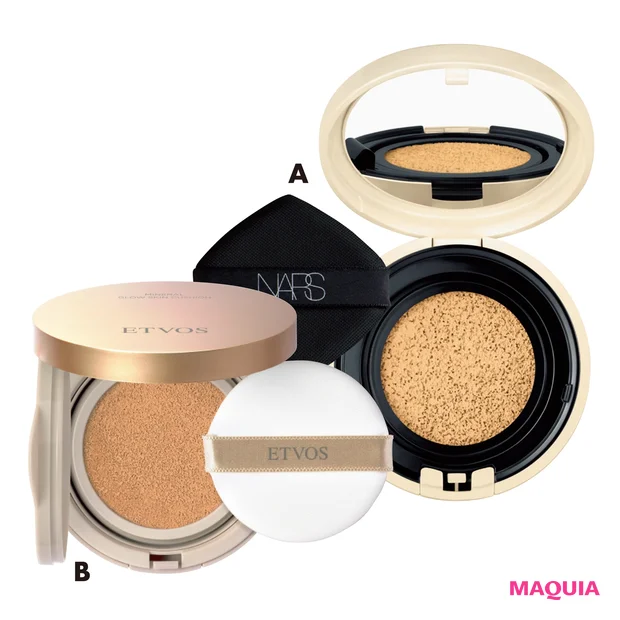 Aピュアラディアントプロテクション アクアティックグロー クッションファンデーション 00510 SPF50+・PA+++ ¥6600(セット価格)/NARS JAPAN Bミネラルグロウスキンクッション ナチュラル SPF32・PA+++ ¥6380(セット価格)/エトヴォス