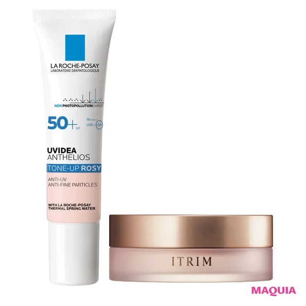 (右)エレメンタリー フェイスケアパウダー ouka 11g ¥8800/ITRIM (左)UVイデア XL プロテクショントーンアップ ローズ SPF50+・PA++++ 30ml ¥3400/ラ ロッシュ ポゼ