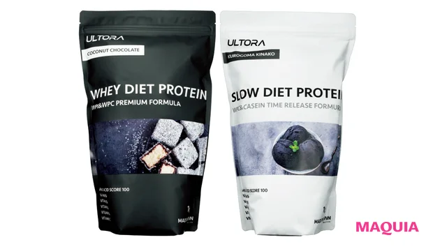 ULTORA (右)SLOW DIET PROTEIN 黒ごまきなこ風味 (左)WHEY DIET PROTEIN ココナッツチョコレート風味
