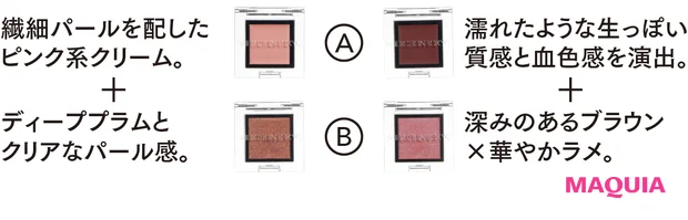 ［パターン①華やかEYE］（右上）Ⓐ濡れたような生っぽい質感と血色感を演出。＋（右下）Ⓑ深みのあるブラウン×華やかラメ。［パターン②スウィートEYE］（左上）Ⓐ繊細パールを配したピンク系クリーム。＋（左下）Ⓑディーププラムとクリアなパール感。