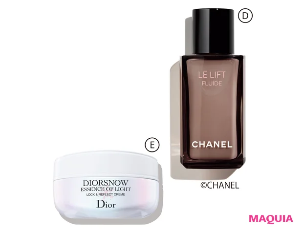 D ル リフト フリュイド 50ml ￥17600／シャネル　E ディオール スノー アルティメット リフレクション クリーム [医薬部外品] 50ml ￥14300／パルファン・クリスチャン・ディオール