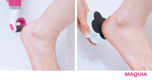 「アイテムによって使い方は異なりますが、KOBAKOのヒールファイル(右)はくるくると円を描くように削ります」(田中さん)