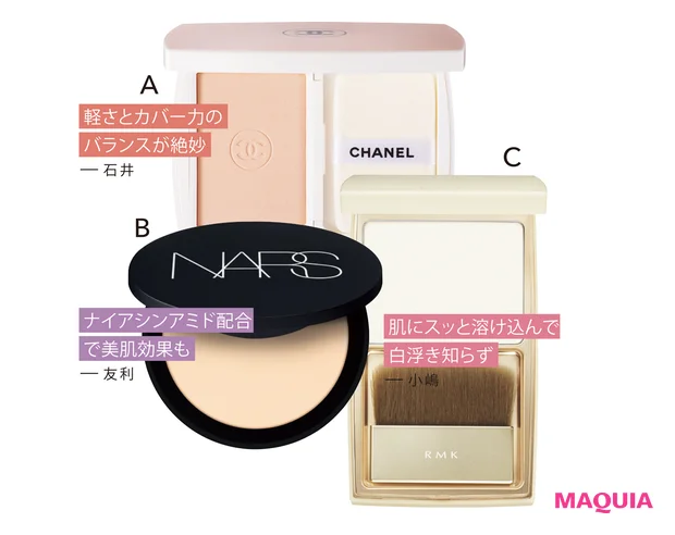 A ル ブラン ブライトニング コンパクト SPF25･PA+++ BD01 ￥10230（セット価格）／シャネル　B ソフトマット アドバンスト パーフェクティングパウダー 03123 ￥5280／NARS JAPAN　C シルクフィット セッティングパウダー ￥5500／RMK Division