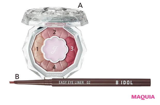 A ブルームクチュール アイズ 05 ¥6380/ジルスチュアート ビューティ B B IDOL イージーeye ライナー 02 ¥1210/かならぼ(4/27発売)