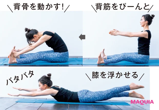 両足をまっすぐ伸ばして座り、息をゆっくり吐きながら、背中が丸まらないよう背筋は伸ばし上体を前に倒す。爪先を常に上に向けて行う。