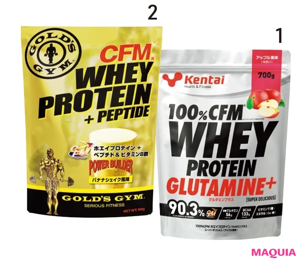 1Kentai 100%CFMホエイプロテイン グルタミンプラス スーパーデリシャス アップル風味 700g¥7020/健康体力研究所 2ゴールドジム CFMホエイプロテイン バナナシェイク風味 900g ¥6696/THINK フィットネス