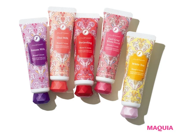 ハンドクリーム（右から）ホワイトティー、アールグレイ ホワイトフローラル、ダージリン、チャイ ミルク、アッサム ミルク 30g 各￥1650／ジルスチュアート　ビューティ（1/28限定発売）