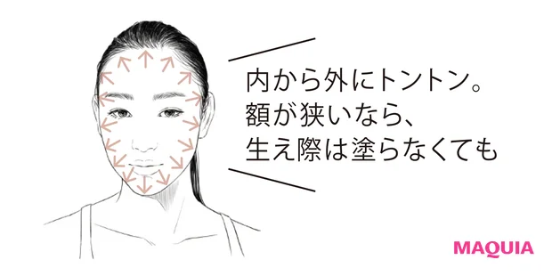 内から外にトントン。額が狭いなら、生え際は塗らなくても