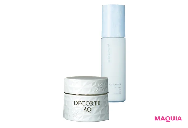 (右から)アクフォンス リプレニッシング フルイド 125ml ¥16500/SUQQU、AQ デイクリーム SPF15・PA++ 30g ¥11000/コスメデコルテ