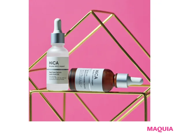 HiCA(右から)Cセラム ビタミンC誘導体6% 28ml ¥4400、ピールケアセラム 乳酸6% 28ml¥3960/ライフスタイルカンパニー(7/1発売)