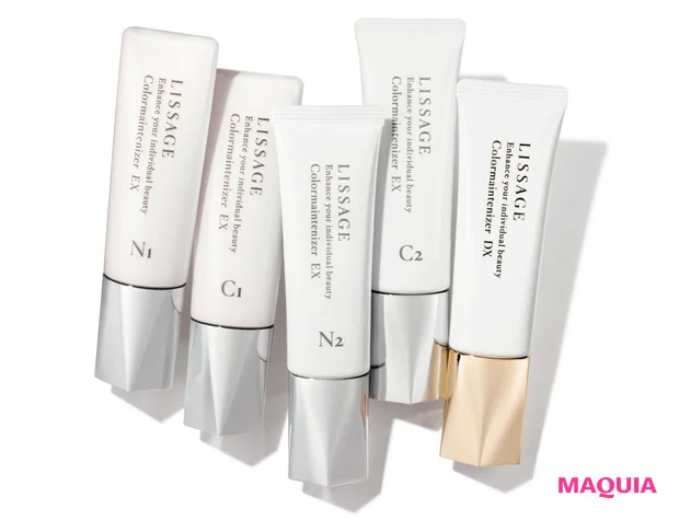 (右から)リサージ カラーメインテナイザー DX、 同 EX C2、同 EX N2、同 EX C1、同 EX N1 (右から)DX SPF23・PA++ 30g 全5色 各¥11000、同 EX C2 SPF25・PA++ 30g 全5色 各¥4950、同 EX N2 SPF 25・PA++ 30g 全2色 各¥4950、同 EX C1 SPF34・PA+++ 30ml 全5色 各¥4950、同 EX N1 SPF29・PA++ 30ml 全2色 各¥4950/カネボウ化粧品(9/1発売)