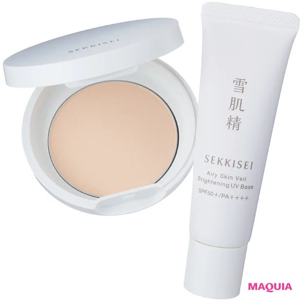 コスメ 新作 マキアエディター 雪肌精 クリアウェルネス エアリースキンヴェール ブライトアップUVベース SPF50+･PA++++ 30mL ¥2750 同 フェイスパウダー ¥3520（ともに価格は編集部調べ）