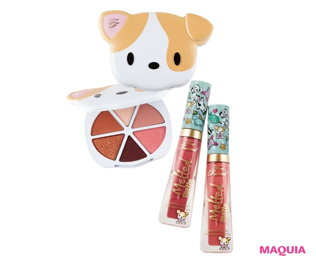 (上から)クローバー プリティ パピー ミニ アイシャドウパレット¥3800、メルテッド リキッド マット ロングウェア リップスティック クローバー Ⅲ、同 Ⅱ 各¥2700/Too Faced