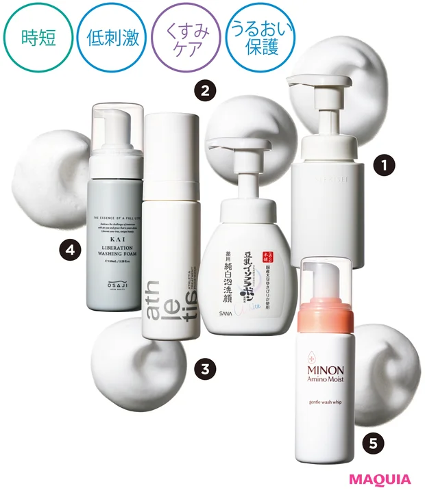 ❶160ml ¥2090(編集部調べ)/コーセー ❷〈医薬部外品〉200ml ¥880(編集部調べ)/常盤薬品工業(サナ) ❸150ml ¥3850/アスレティア ❹150ml ¥3520/日東電化工業 ❺150ml ¥1650(編集部調べ)/第一三共ヘルスケア