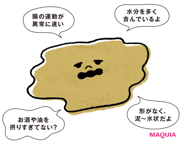 腸活 うんちの状態チェック ベトベトうんち 「腸の運動が異常に速い」「水分を多く含んでいるよ」「形がなく、泥~水状だよ」「お酒や油を摂りすぎてない?」