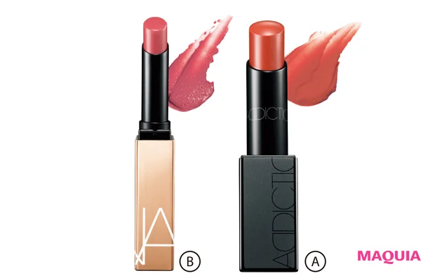 A ザ リップスティック エクストレム シャイン 018 Tender whisper ￥4070／アディクション ビューティ　B アフターグロー センシュアルシャイン リップスティック 888 ￥4400／NARS JAPAN