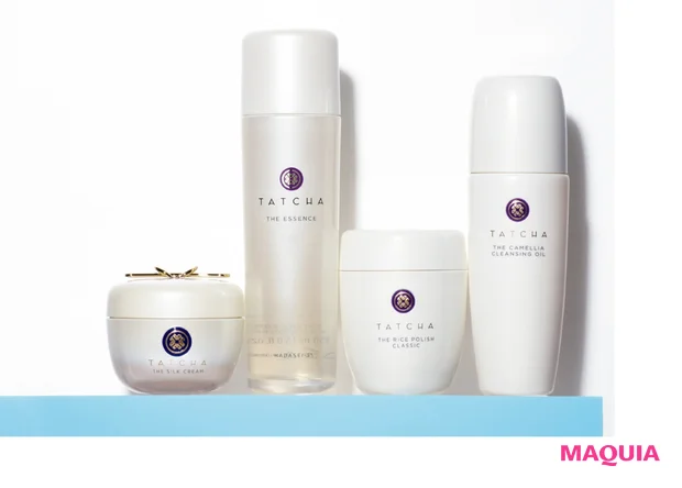 タッチャ （右から） タッチャ カメリア クレンジング オイル 150ml ￥5700 同 ライス ポリッシュ 全4種 各60ｇ 各￥7700 同 エッセンス  150ml ￥13000 同 シルク クリーム 50ml ￥15000／タッチャ ジャパン