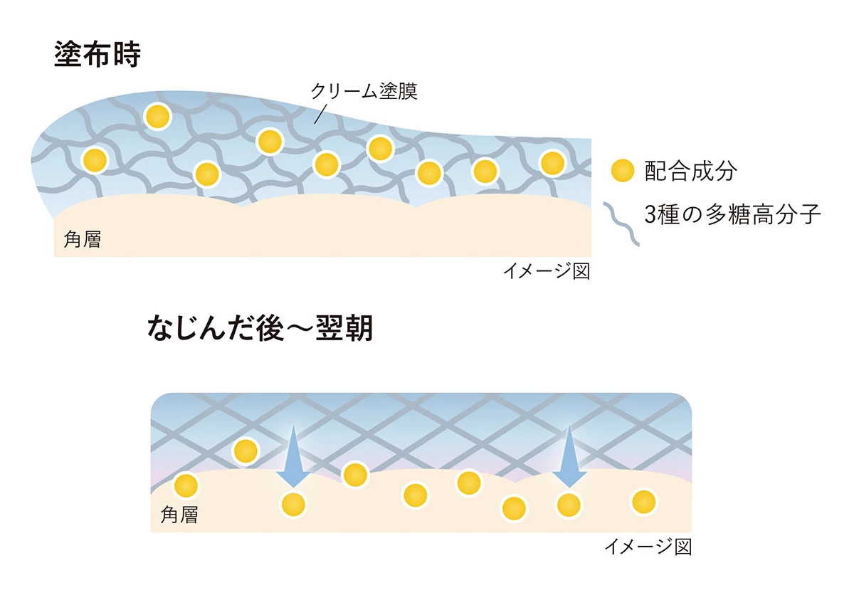 3種の多糖高分子処方が配合成分を抱え込み、コクがありながらも心地よく肌になじむ