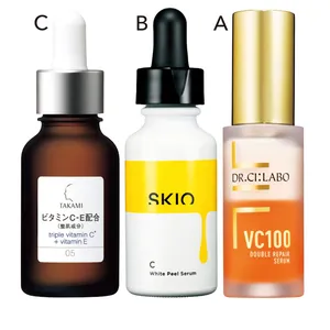 AVC100ダブルリペアセラム 30ml ¥7700／ドクターシーラボ　BSKIO VC ホワイトピールセラム（医薬部外品）26ml ¥5280／ロート製薬 通販事業部　CタカミエッセンスCE 30ml ¥5500／タカミ