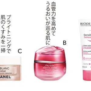 A サンシビオ クリーム センシディフェンス 40ml ￥3300／NAOS JAPAN ビオデルマ事業部　B エッセンシャルイネルジャ ハイドレーティング デークリーム SPF20･PA＋＋＋ 50g ￥7150／SHISEIDO　C ル ブラン クリーム HLCC（医薬部外品） 50g ￥17600／シャネル