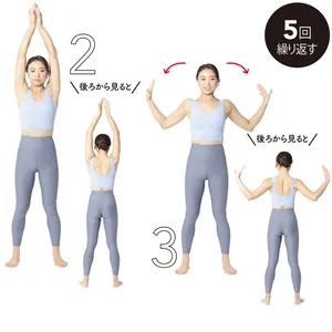 2 甲を合わせたまま腕を上げる、3 腕を下ろし肩甲骨を寄せる