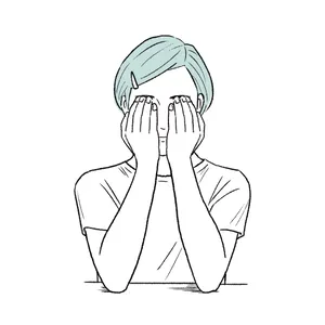 人差し指・中指・薬指を眉に当て、グッと持ち上げると疲れもむくみも取れます。テーブルに肘をつくとやりやすい。