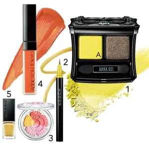 1 アナ スイ アイカラー コンパクト 13 ¥4400／アナ スイ コスメティックス（8月1日発売）　2 ニュアンス アイライナー 104 ¥3300／SUQQU（限定色）　3 ジルスチュアート ブルーム ミックスブラッシュ コンパクト　サンセットプロムナード 22 ¥4620／ジルスチュアート　ビューティ（8月5日限定発売）　4 ザ マット リップ リキッド 019S Warm A pricot ¥3520／アディクション ビューティ（8月5日発売）　5 ネイル カラー ポリッシュ 146 ¥2750／SUQQU（限定色）